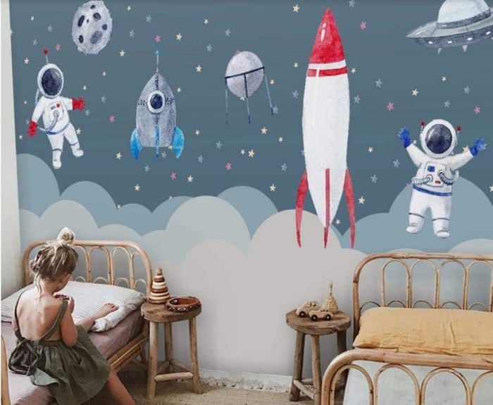 Espace Fusées Astronautes Papier Peint 3D Intissé Bureau Salon Canapé Chambre Fond Décoration Murale-350x256cm