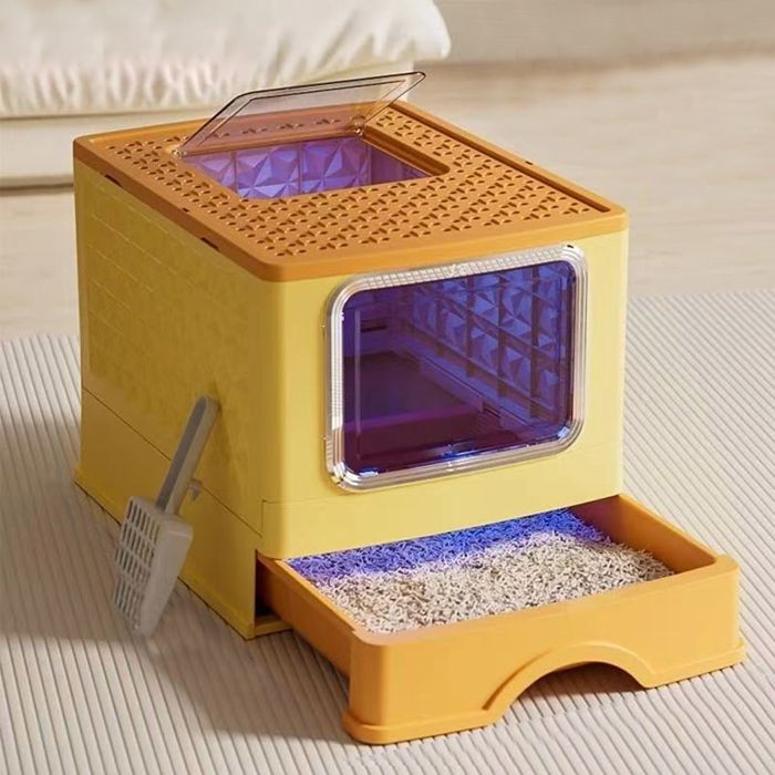 Comparer les prix de Grande boîte à litière pour chats avec contrôle des odeurs conception de tiroir portable espace spacieux pour intérieur jaune