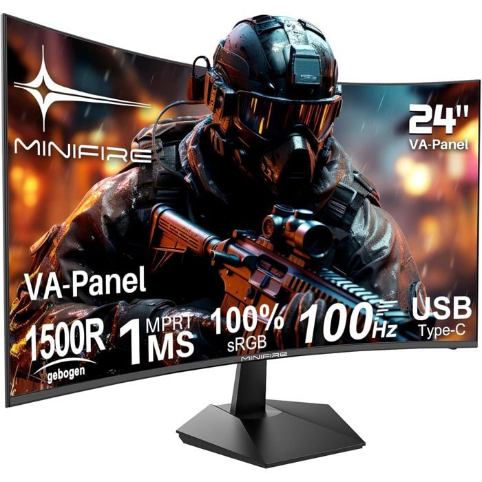 Écran Pc Gamer Incurvé 24 Pouces 100Hz Avec Haut-Parleur -1500R Fhd (1920 X 1080P) Va PanelMprt 1MsSrgb100% – Noir(Mf24C1)