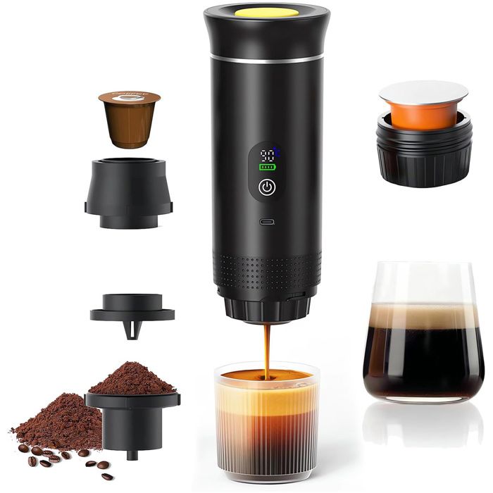 Machine à Café Portable 20 bar 3-en-1 Rechargeable Auto Chauffage en 4 à 6 Min Grandes Capsules Café Moulu