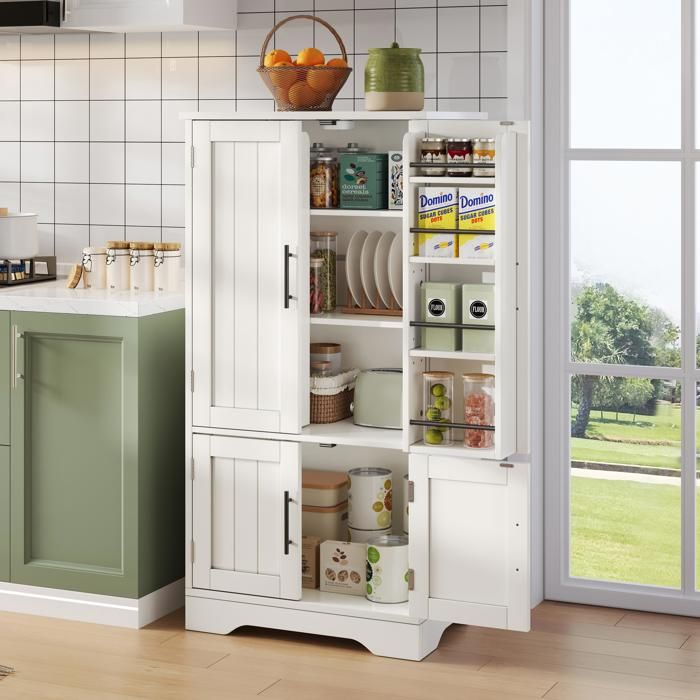 Buffet de cuisine moderne - MODERNLUXE - 60x40x120 cm - Blanc - Éclairage LED intégré - 4 portes - Étagères réglables Buffet de cuisine moderne - MODERNLUXE - 60x40x120 cm - Blanc - Éclairage LED intégré - 4 portes - Étagères réglables