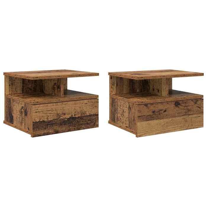 Table de chevet flottante - GKO - Bois ancien - 40x31x27 cm - Montage mural - Avec tiroir - 2 étagères - Rangement