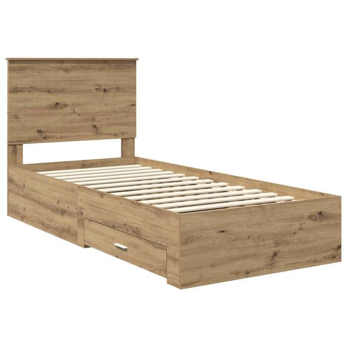 Structure de lit en bois dingénierie - UU - Chêne artisanal - 90x200 cm - 210x93x100 cm - Avec tiroir - Cadre à lattes