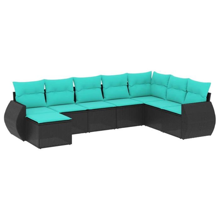 Salon de jardin en résine tressée - vidaXL - 8 pièces - Noir et Bleu - Coussins amovibles et lavables