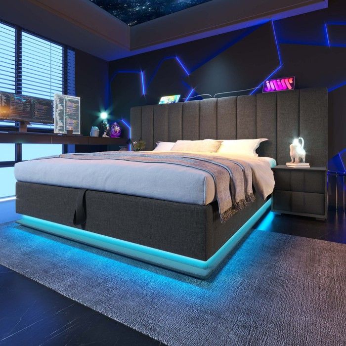 Lit Double 180x200 Tête de Lit LED USB-C Rembourré Structure Lattes Tissu Lin Gris(sans Matelas Et Table De Chevet)