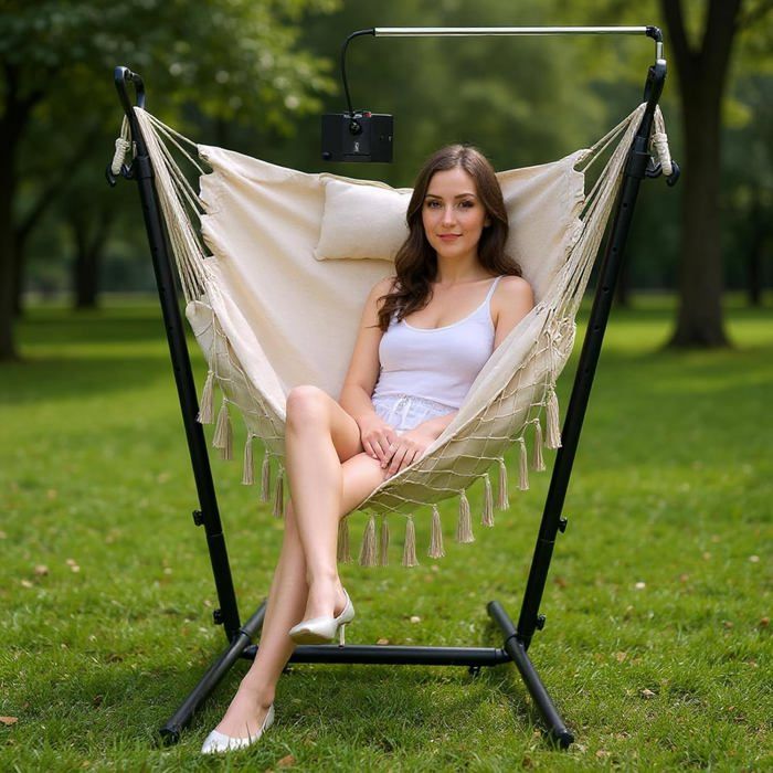 GIANTEX Hamac avec Cadre en Métal et Siège en Couton Fauteuil Suspendu à Hauteur Réglable avec Support pour Téléphone Beige