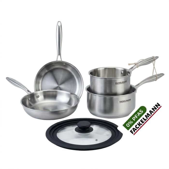 Batterie de cuisine avec 2 poêles 20/26 cm et 2 casseroles 14/18 cm avec 1 couvercle de cuisson universel sans PFAS Fackelmann Vita3 Batterie de cuisine avec 2 poêles 20/26 cm et 2 casseroles 14/18 cm avec 1 couvercle de cuisson universel sans PFAS Fackelmann Vita3