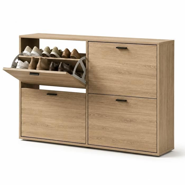 CATAVANA Meuble à Chaussures 24 Paires 4 Abattants Ultra Slim 23 5 cm Rangement Entrée Bois Clair 118x23 5x75 cm
