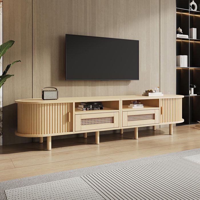 Meuble TV - Ovale 170x40x40 cm - Chêne clair - 2 tiroirs rotin - 2 portes coulissantes