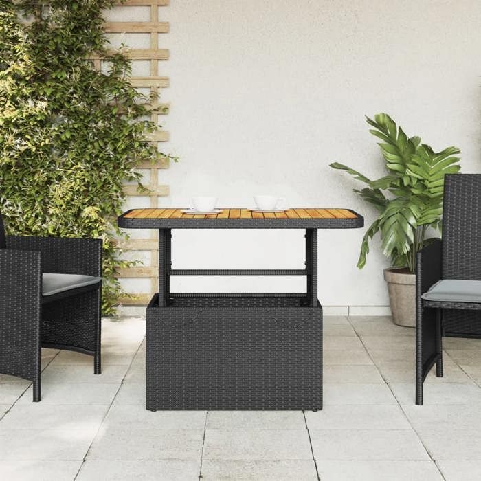 1pc Noir Meuble de balcon 2/4 PERSONNES - Table de jardin SWEETY noir 90x55x71cm résine tressée et bois acacia CL52396491600