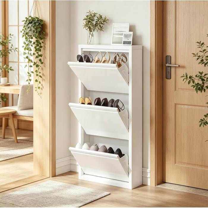 Meuble à chaussures étroit EVRYAE 50 x 15 x 106 cm 3 abattants rangement entrée métal blanc
