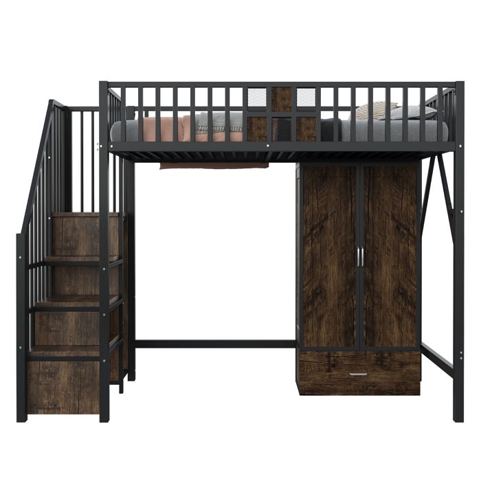 Lit surélevé 90 x 200 cm avec armoire tiroirs et échelle de rangement bois et métal noir