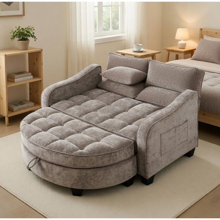 Sofa multifonction 2-en-1 canapé lit repose-pieds rangement tissu doux bois deucalyptus écologique marron