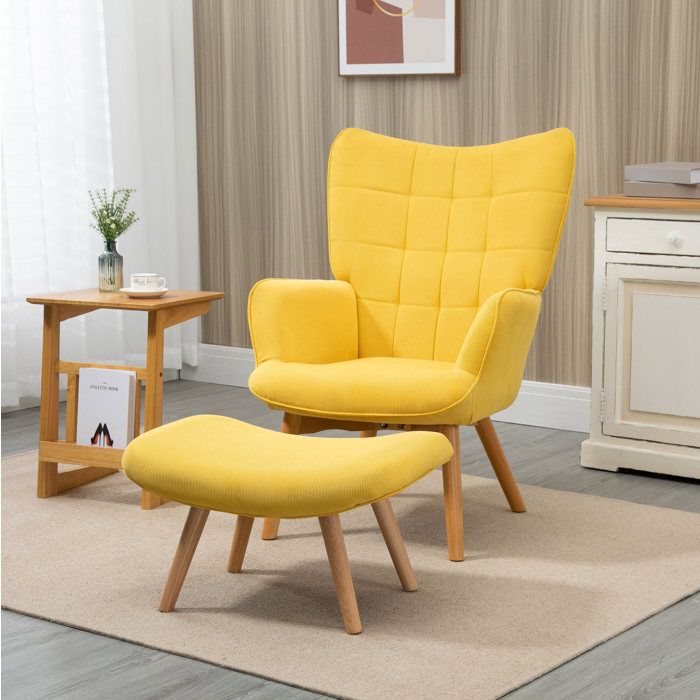 Fauteuil relax avec repose-pieds EVRYAE 72 x 80 x 101 cm fauteuil bergère jaune en polyester avec pieds en hêtre