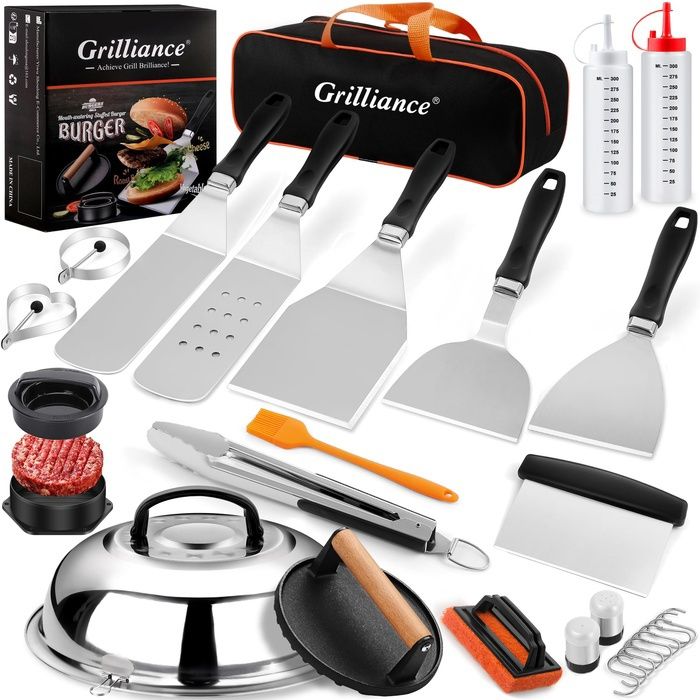 27PCS Spatule Plancha Accessoires pour Hommes Teppanyaki Grill Set dustensiles de Barbecue INOX Hibachi USTENSILE BARBECUE PLANCHA