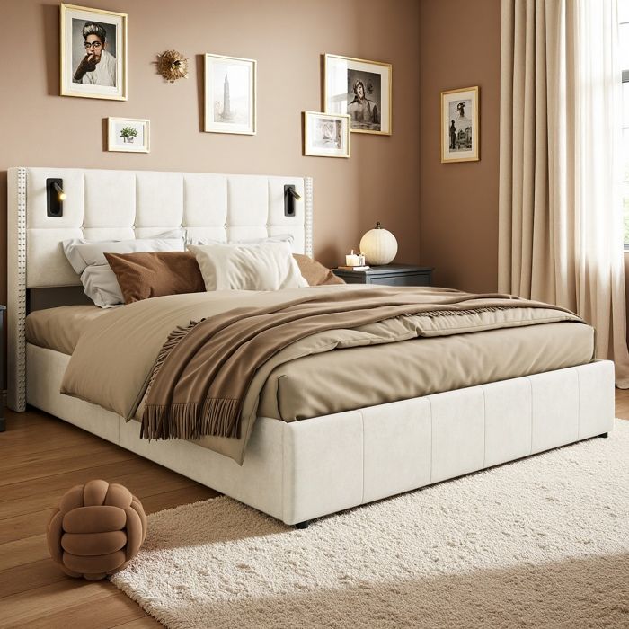 Lit 140x200 avec sommier lit double avec lampe de chevet lit rembourré avec rangement hydraulique lit adulte velours beige