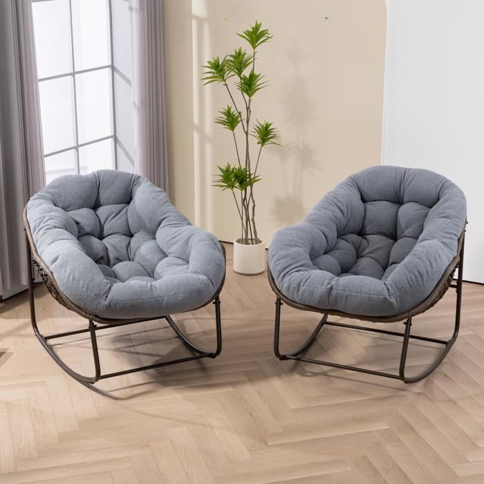 Fauteuil à bascule en résine tressée – Gris – Coussin rembourré – Acier – 78 x 106 x 90 cm