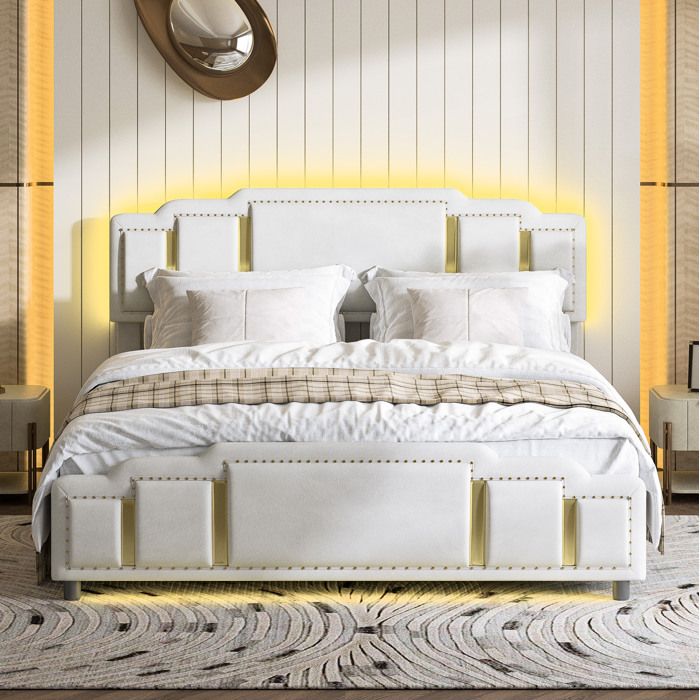 COVREO Lit coffre hydraulique 160 x 200 cm en velours beige avec LED tête de lit rembourrée et détails dorés