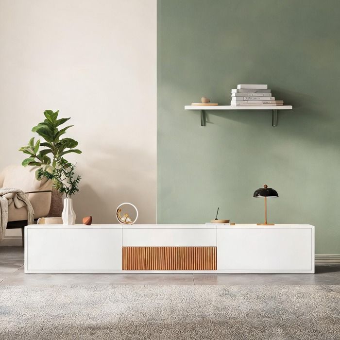 Grand meuble TV design épuré 180 cm blanc et bois avec niche projecteur escamotable