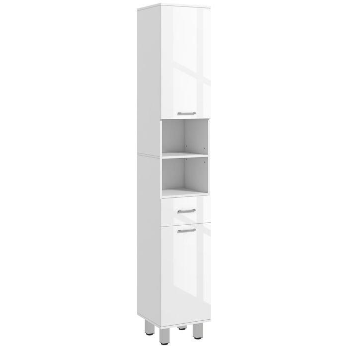 Meuble colonne salle de bain avec étagères réglables et compartiments ouverts 30x30x180cm blanc brillant Meuble colonne salle de bain avec étagères réglables et compartiments ouverts 30x30x180cm blanc brillant