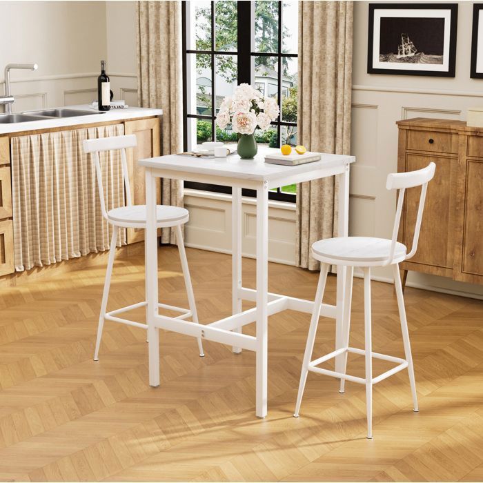 ROVRYN Ensemble table de bar 60 x 60 x 92 cm avec 2 tabourets à dossier blanc style industriel