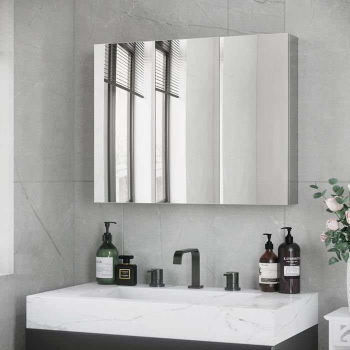 Armoire Miroir Salle De Bain Inox Argent Armoire Murale Design FloraGrace Pour Lavabo Ou WC Sans Montage 70x12x55cm