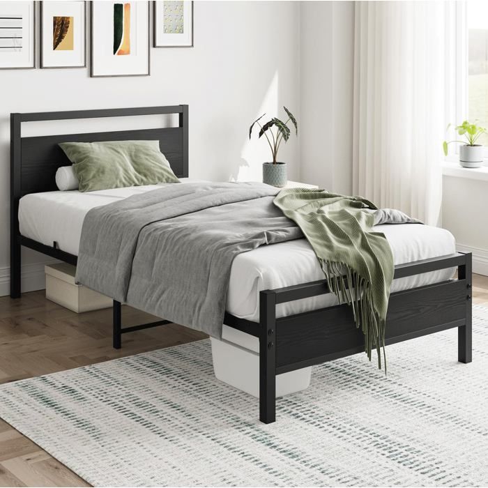 MEUBLIV Lit 90x200 cm en métal et MDF noir sommier à lattes rangement sous le lit 200 kg