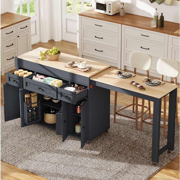 Îlot central de cuisine mobile sur roulettes gris avec plan de travail extensible