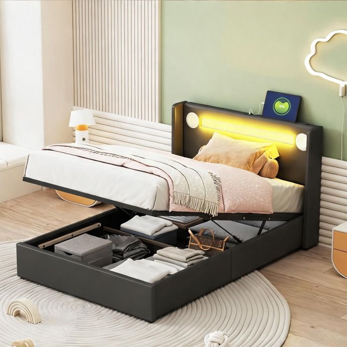 Lit enfant ado 90x200 cm en cuir PU black-toned bandeau LED Bluetooth USB et - Black Upholstered 212.5 x 96.5 x 103.0 cm Ref