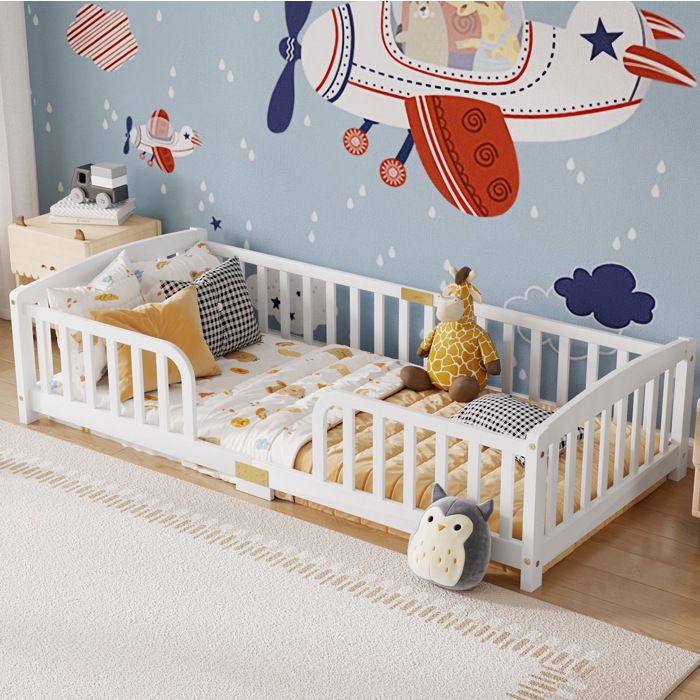 Lit au Sol Enfant 90×200 cm avec Barrières et Ouverture Centrale - MEUNIQ - Sans Matelas Bois de Pin Blanc