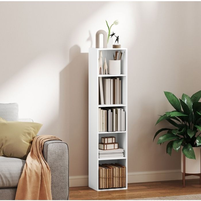 Bibliothèque 5 Niveaux avec 3 Étagères Réglables - ELVMI - Rangement Étroit anti-Basculement en Bois Blanc 30 × 24 × 133 5 cm