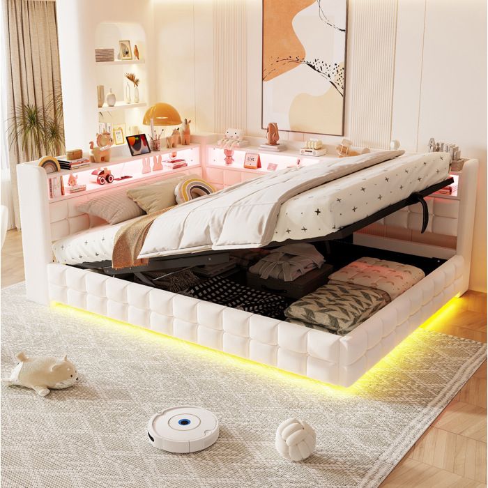 Canape-lit capitonne 140 x 200 cm beige avec rangement hydraulique etageres LED prise USB et USB-C