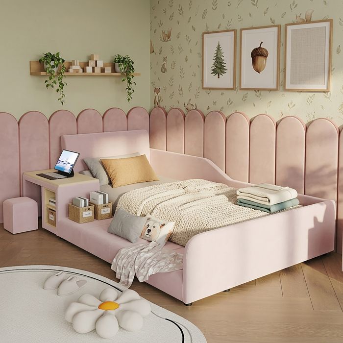 AUC17--Lit capitonné lit simple avec bureau et tabouret pour enfant étagère de rangement tête de lit rembourrée sommier à lattes