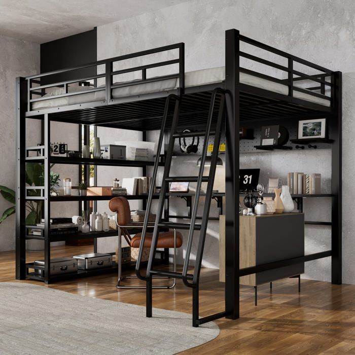 Lit mezzanine 140x200 cm en métal noir avec échelle rangements étagères ports USB et patères