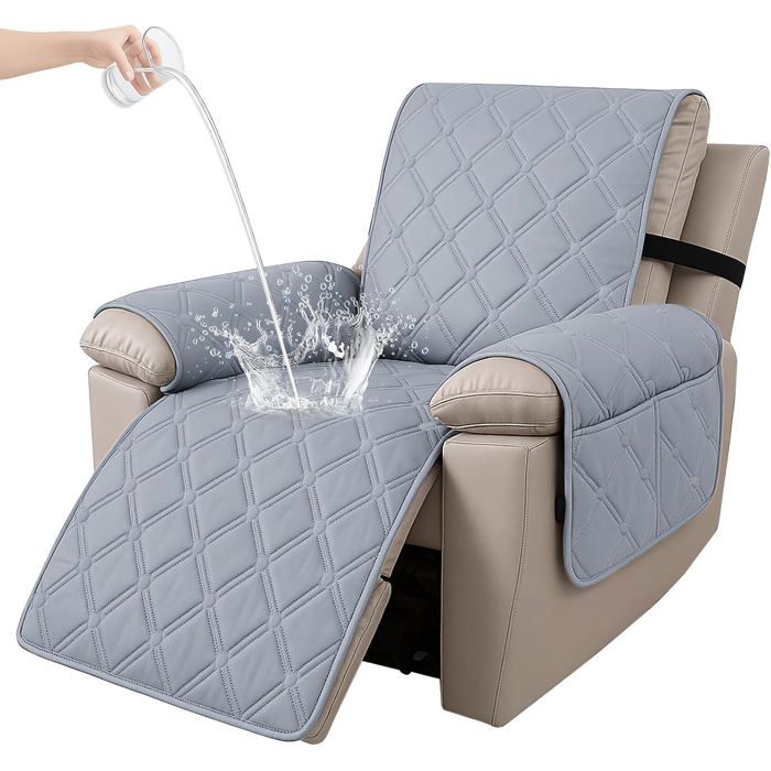 Housse fauteuil relax électrique 1 place - imperméable antidérapante avec poches latérales lavable gris clair
