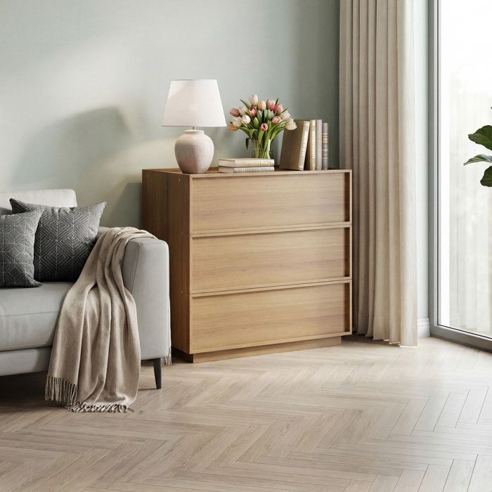 Commode - FUNMOON - Funmoon - 3 tiroirs - Chêne aspect bois - Tiroirs sans poignées