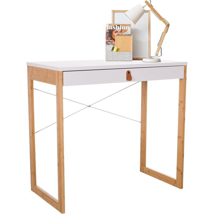Bureau avec 1 tiroir 80x42 cm II piétement Bambou Petite Table de Style scandinave Table dordinateur Blanc