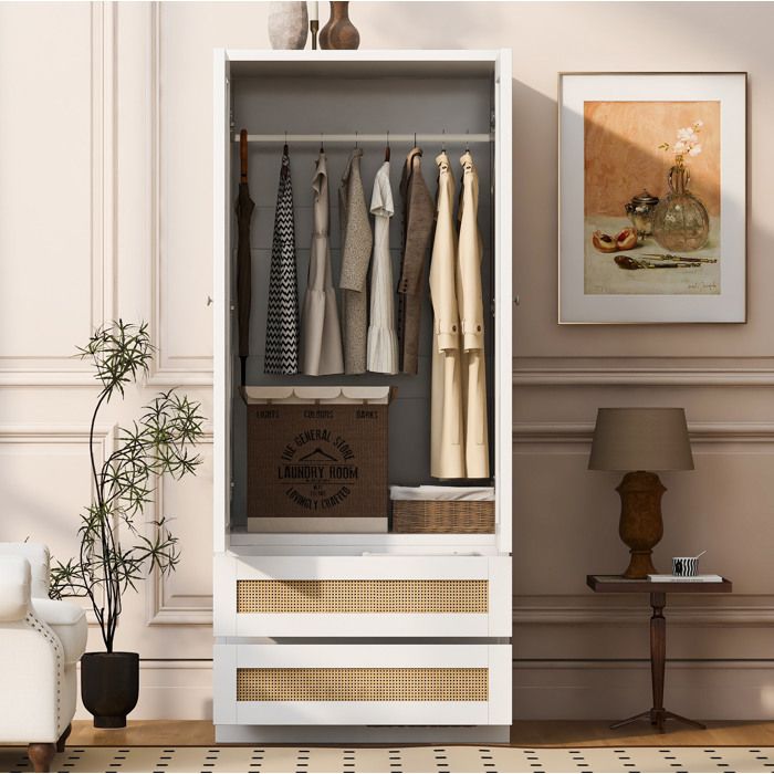 Armoire De Chambre Blanche Effet Rotin Penderie Moderne FloraGrace Pour Chambre Et Salon 2 Tiroirs Intégrés 70x55x170cm