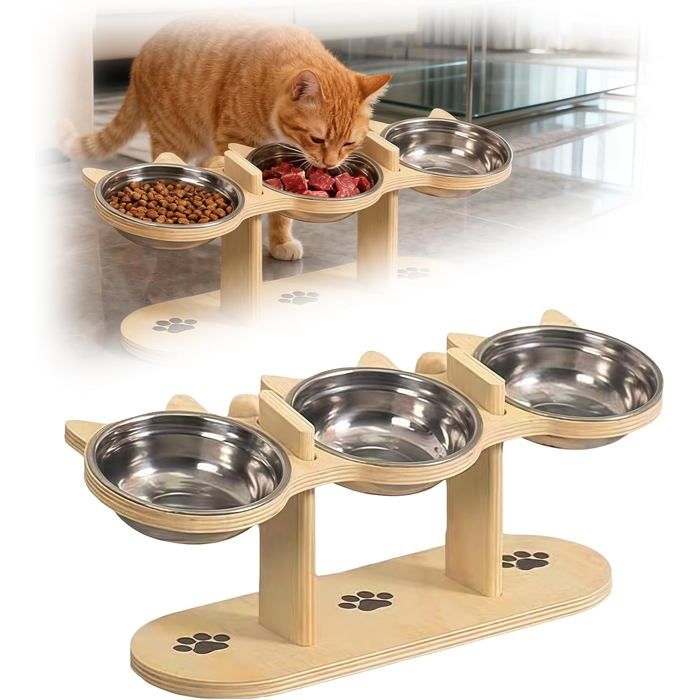 Gamelle Chat Surélevée Gamelle Surelevee pour Chat avec 3 Bols en Acier Inoxydable et Support en Bois pour Chats et Petits Chiens