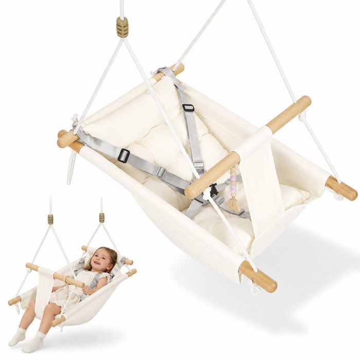 Balançoire bébé 3 en 1 Chaise Suspendue en Bois avec ceinture de sécurité capacité 60 kg 6-36 mois