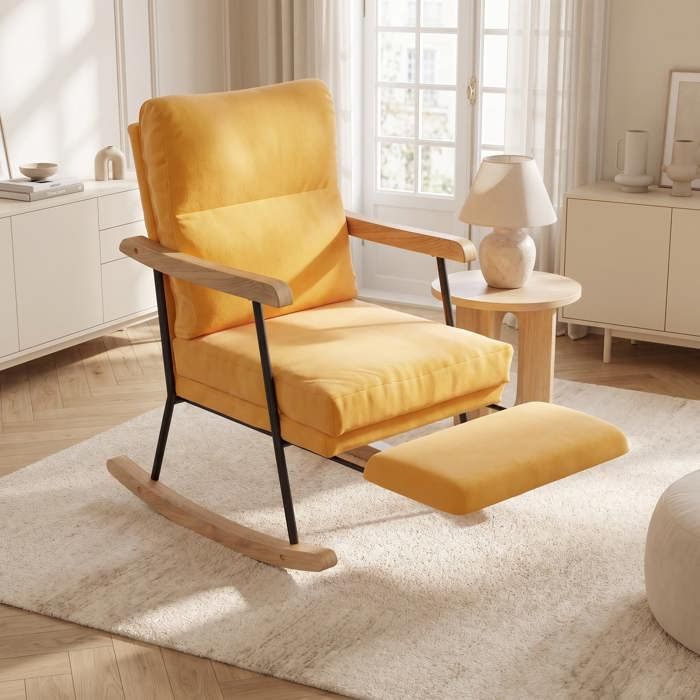Fauteuil à Bascule avec repose-pieds extensibles Rocking Chair avec dossier haut Chair avec accoudoirs Tissu coton-lin Jaune