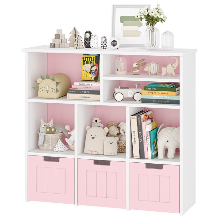Bibliothèque Enfant 3 Tiroirs 6 Compartiments Blanc 100x33x89cm - Meuble à Jouets et Rangement pour Chambre Rose