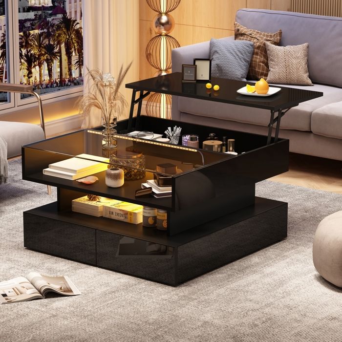 Table basse relevable carrée avec plateau vitré meuble de salon à 2 tiroirs et rangement secret éclairage connecté 80x80x45cm Noir