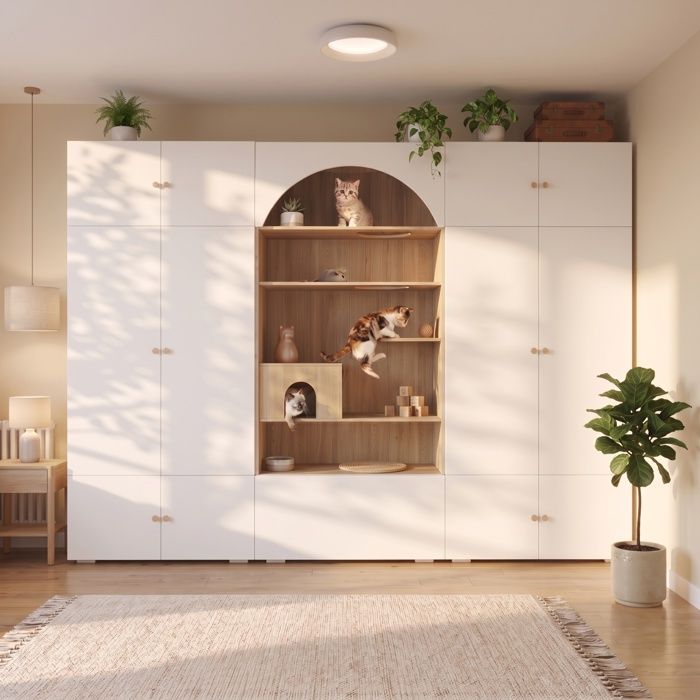 Armoire 3-en-1 270 x 50 x 200 cm penderie rangement et meuble pour chat avec arbre à chat blanc et bois