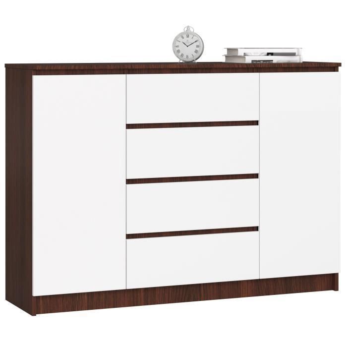 Commode AKORD K140 Wengé 138 cm 2 portes 4 tiroirs façade Blanche 4 étagères 138x40x99 cm