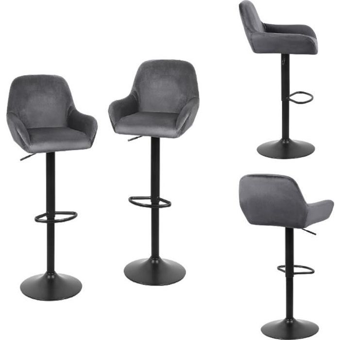 Tabouret de bar en flanelle gris foncé LOT DE 2 - haut réglable - SHE