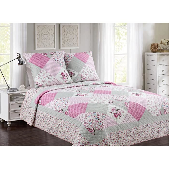 Couvre-lit Boutis Épais Matelassé 220x240cm - Microfibre 85g - Garnissage Polyester 250g/m² - Avec 2 Taies 65x65cm
