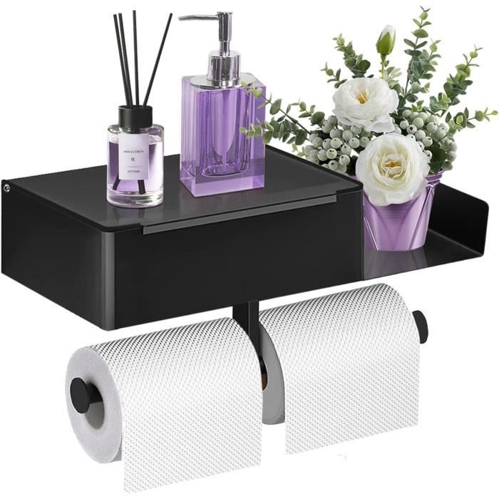 Porte Papier Toilette Mural Sans Perçage – Avec Étagère Et Boîte à Lingettes Humides – Acier Inoxydable Noir