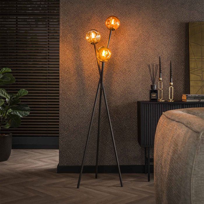 Lampadaire avec 3 lampes en verre doré cuivré et chromé - AMP