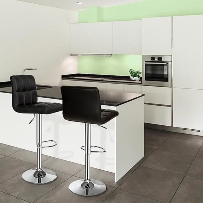 Lot de 2 Tabourets de Bar avec Dossier noir - PE - Hauteur Réglable 95-115 cm - Simili cuir PU + métal chromé